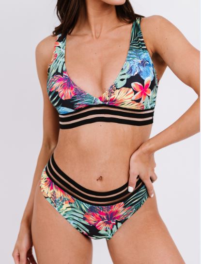 Ibiza Tropical Floral Print Striped Mesh Trim Bikini