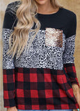 Janice Leopard Plaid Sequined Pocket Long Sleeve Top