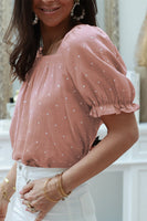 Milena Pink Square Neck Dotted Print Puff Sleeve Blouse with Tie Back