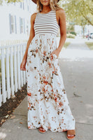 Matilda White Striped Floral Print Sleeveless Maxi Dress with Pocket