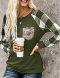 Tiana Plaid Sequined Pocket Long Sleeve Top - Olive